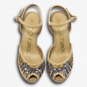 Rocket Dog Glitzy Tan Beaded Sequin Wedge Sandals Peep Toe Ankle Strap Womens 6